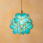 Blue-Green Petal Tiffany-Inspired Pendant Light, Rounded Bud Form, Handmade by AuroraeGlass