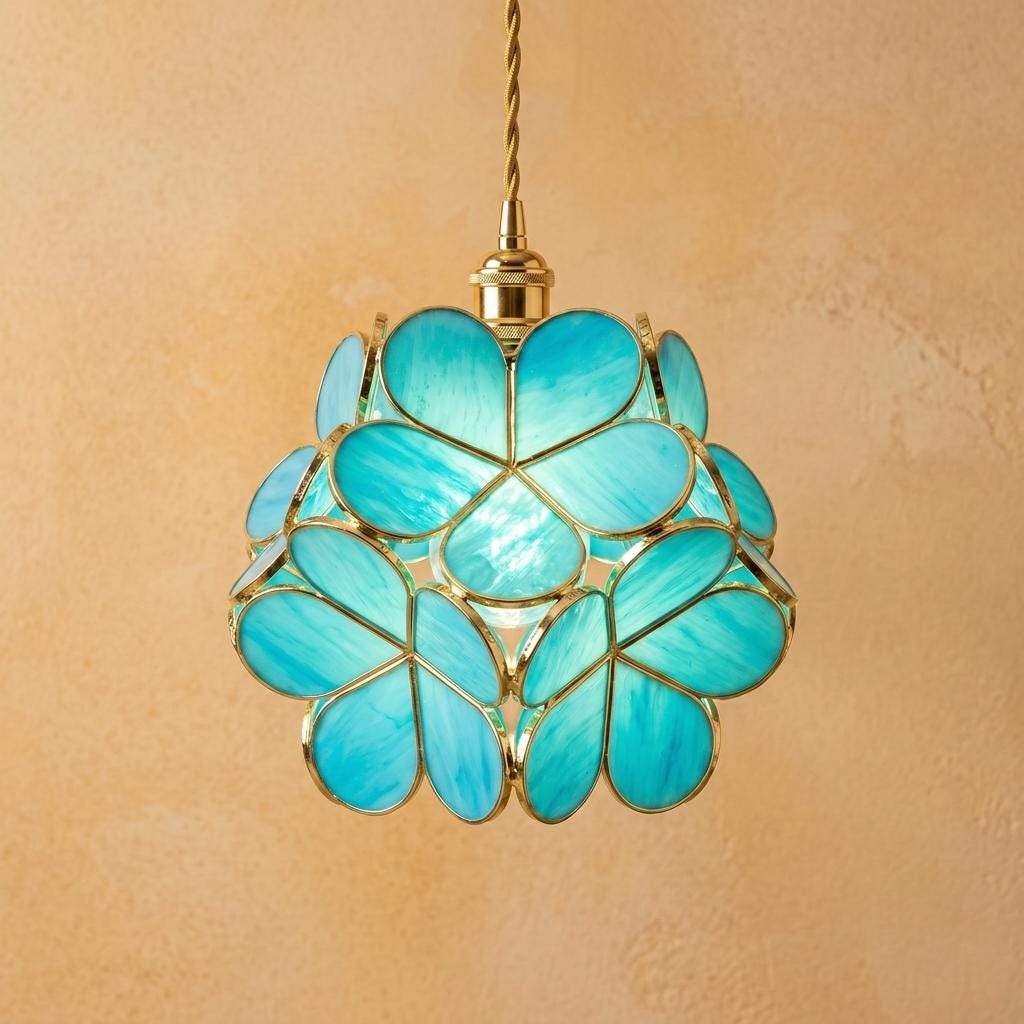 Blue-Green Petal Tiffany-Inspired Pendant Light, Rounded Bud Form, Handmade by AuroraeGlass