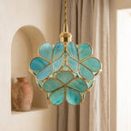Blue-Green Petal Tiffany-Inspired Pendant Light, Rounded Bud Form, Handmade - view 7