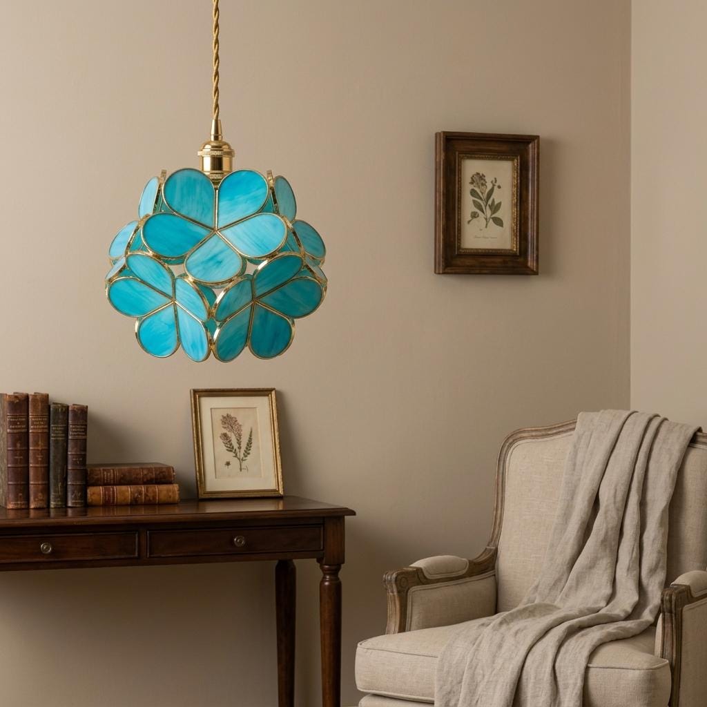 Blue-Green Petal Tiffany-Inspired Pendant Light, Rounded Bud Form, Handmade - view 9