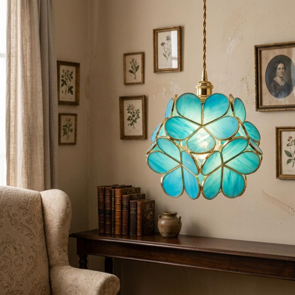 Blue-Green Petal Tiffany-Inspired Pendant Light, Rounded Bud Form, Handmade - view 8