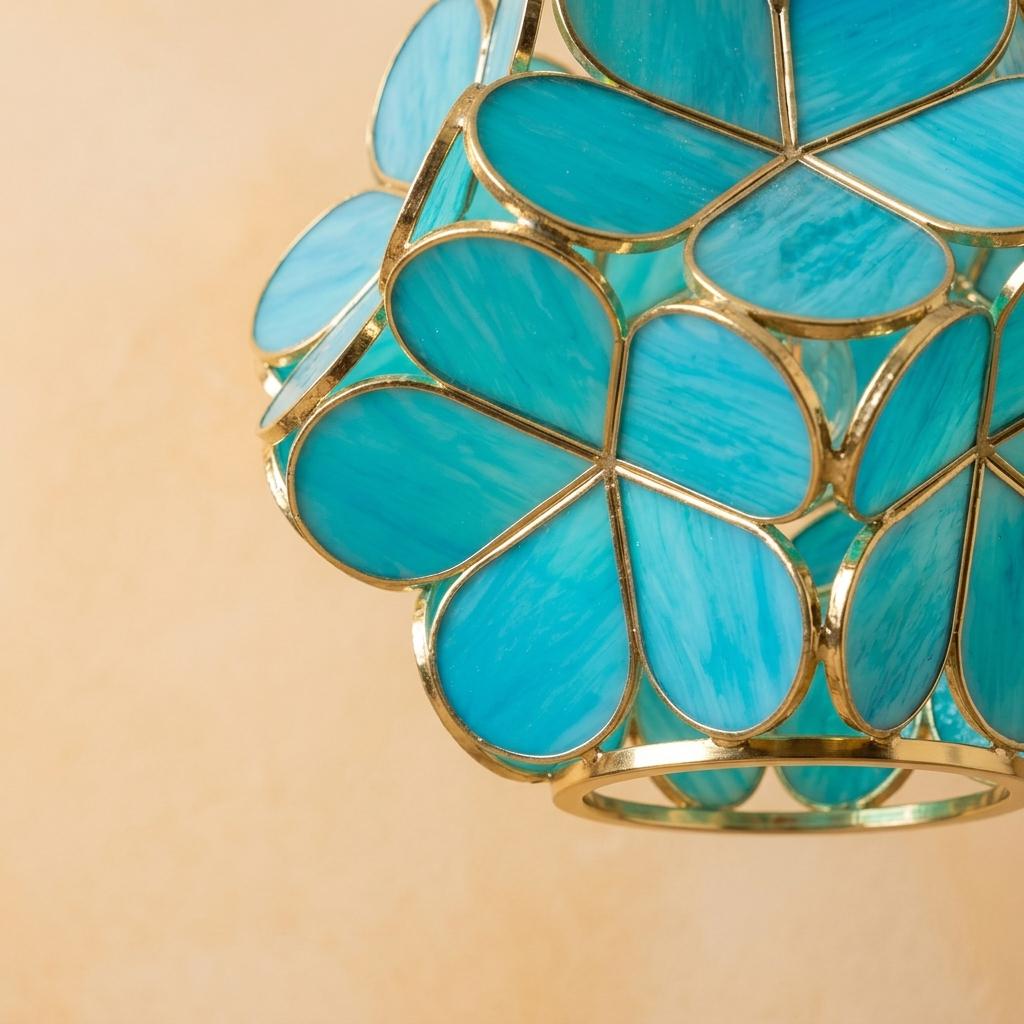 Blue-Green Petal Tiffany-Inspired Pendant Light, Rounded Bud Form, Handmade - view 3