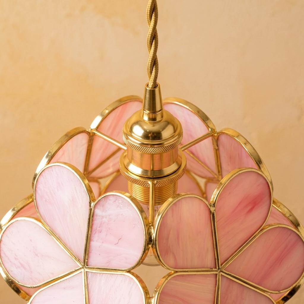 Rose Pink Petal Tiffany-Inspired Pendant Light, Rounded Bud Form, Handmade - view 4