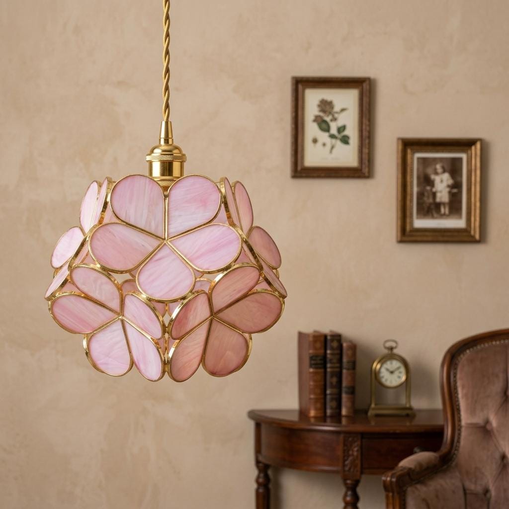 Rose Pink Petal Tiffany-Inspired Pendant Light, Rounded Bud Form, Handmade - view 9