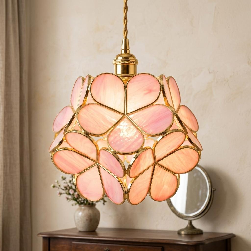 Rose Pink Petal Tiffany-Inspired Pendant Light, Rounded Bud Form, Handmade - view 10