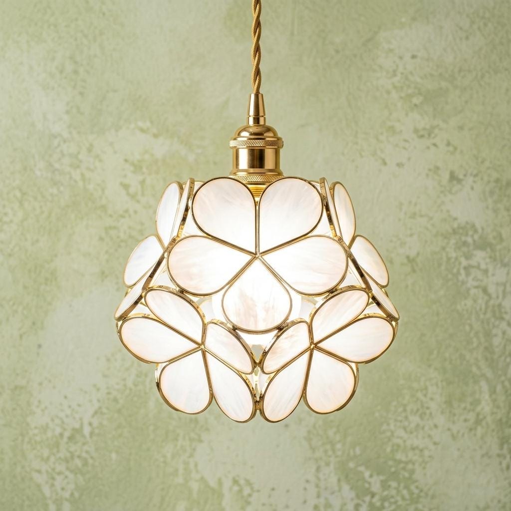 Cream Petal Tiffany-Inspired Pendant Light, Layered Bud Form, Handmade by AuroraeGlass