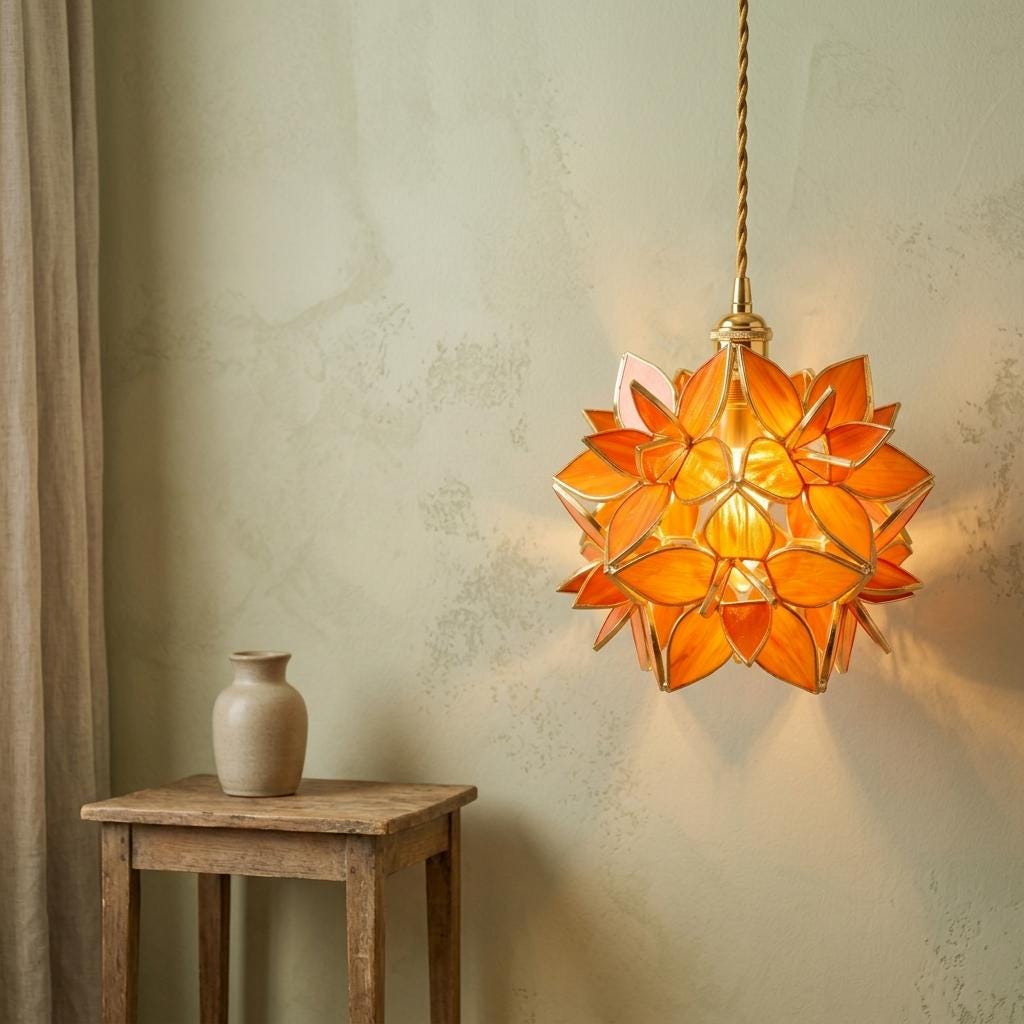 Orange Pointed-Petal Pendant Light, Radiating Flower Form, Handmade - view 6
