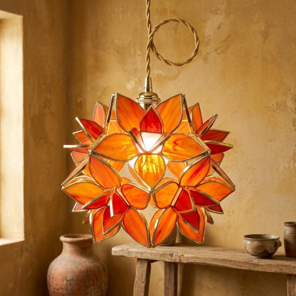Orange Pointed-Petal Pendant Light, Radiating Flower Form, Handmade - view 10