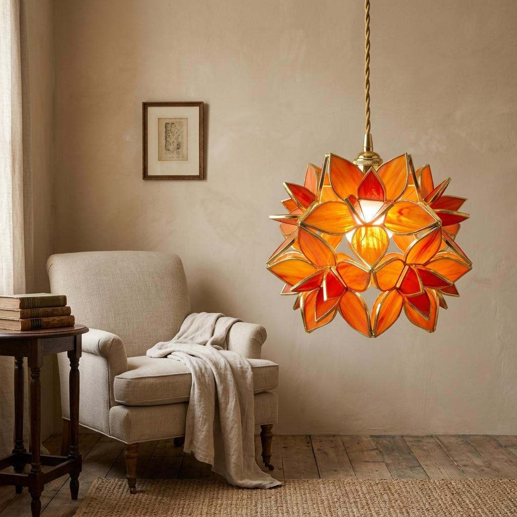 Orange Pointed-Petal Pendant Light, Radiating Flower Form, Handmade - view 8