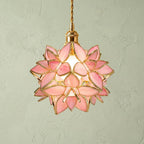 Pink Pointed-Petal Pendant Light, Radiating Flower Form, Handmade by AuroraeGlass