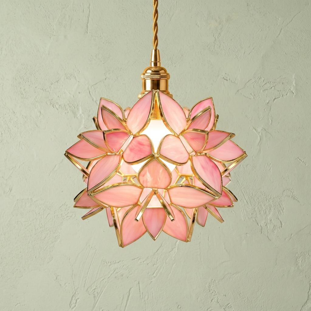 Pink Pointed-Petal Pendant Light, Radiating Flower Form, Handmade by AuroraeGlass