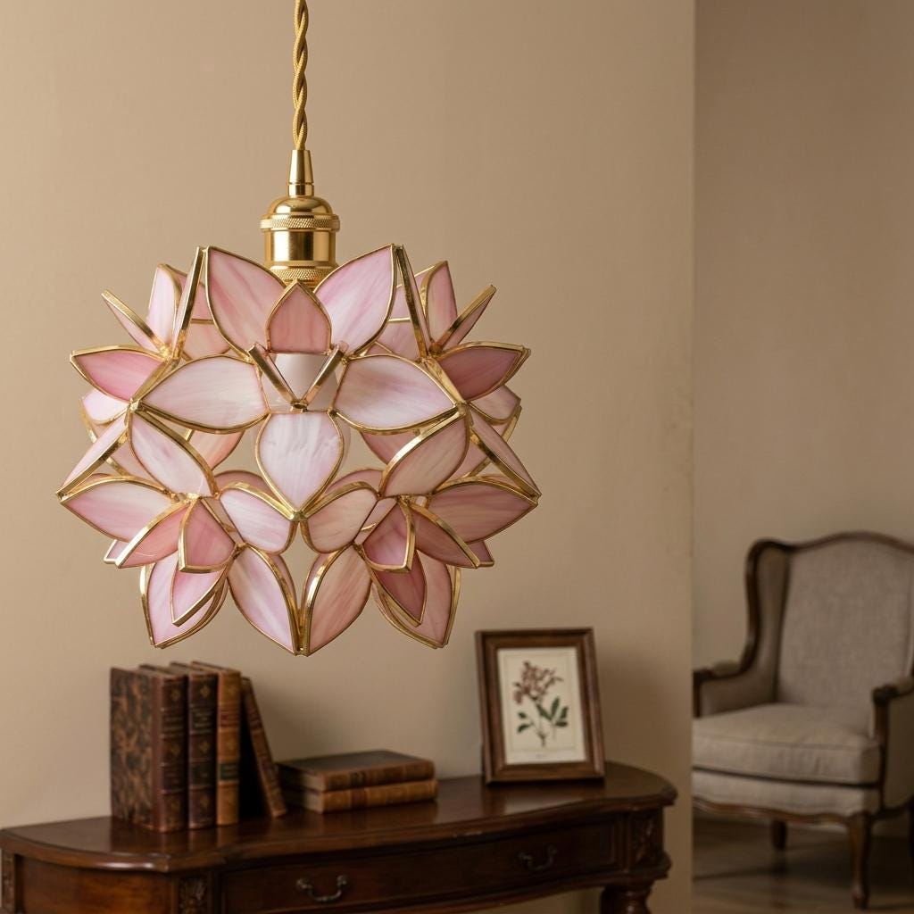 Pink Pointed-Petal Pendant Light, Radiating Flower Form, Handmade - view 9