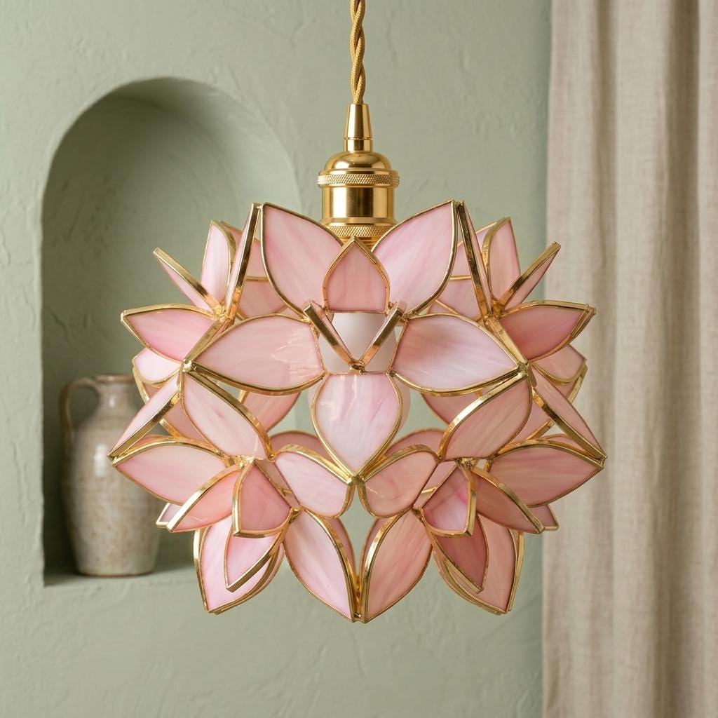 Pink Pointed-Petal Pendant Light, Radiating Flower Form, Handmade - view 7