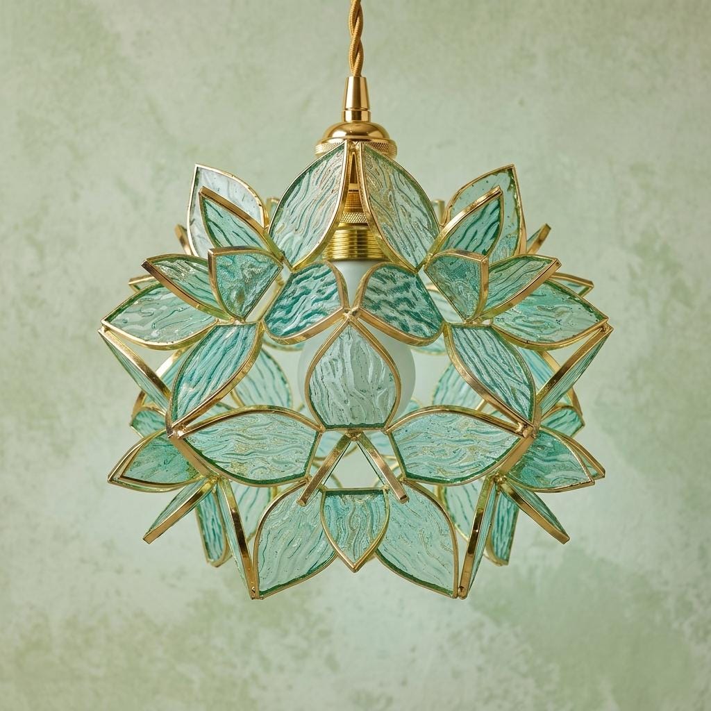 Aqua Pointed-Petal Tiffany-Inspired Pendant Light, Layered Flower Form, Handmade - view 5