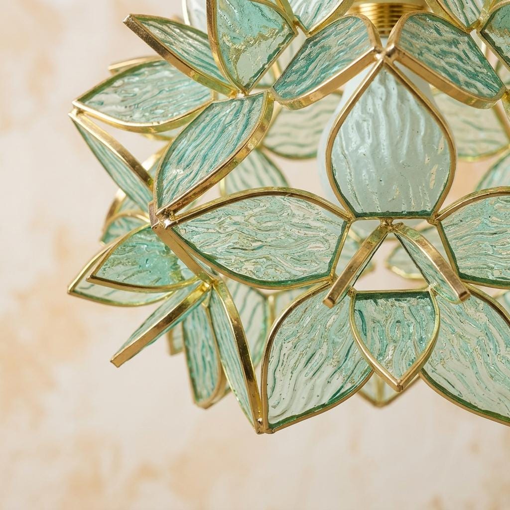 Aqua Pointed-Petal Tiffany-Inspired Pendant Light, Layered Flower Form, Handmade - view 3