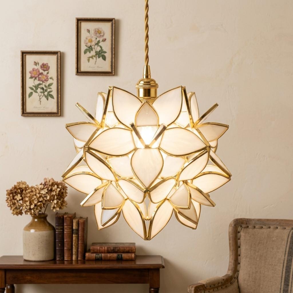 Cream Pointed-Petal Pendant Light, Radiating Flower Form, Handmade - view 10