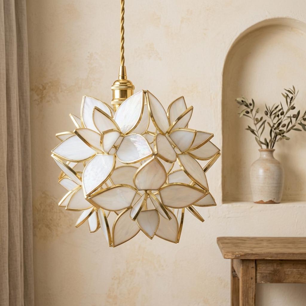 Cream Pointed-Petal Pendant Light, Radiating Flower Form, Handmade - view 7