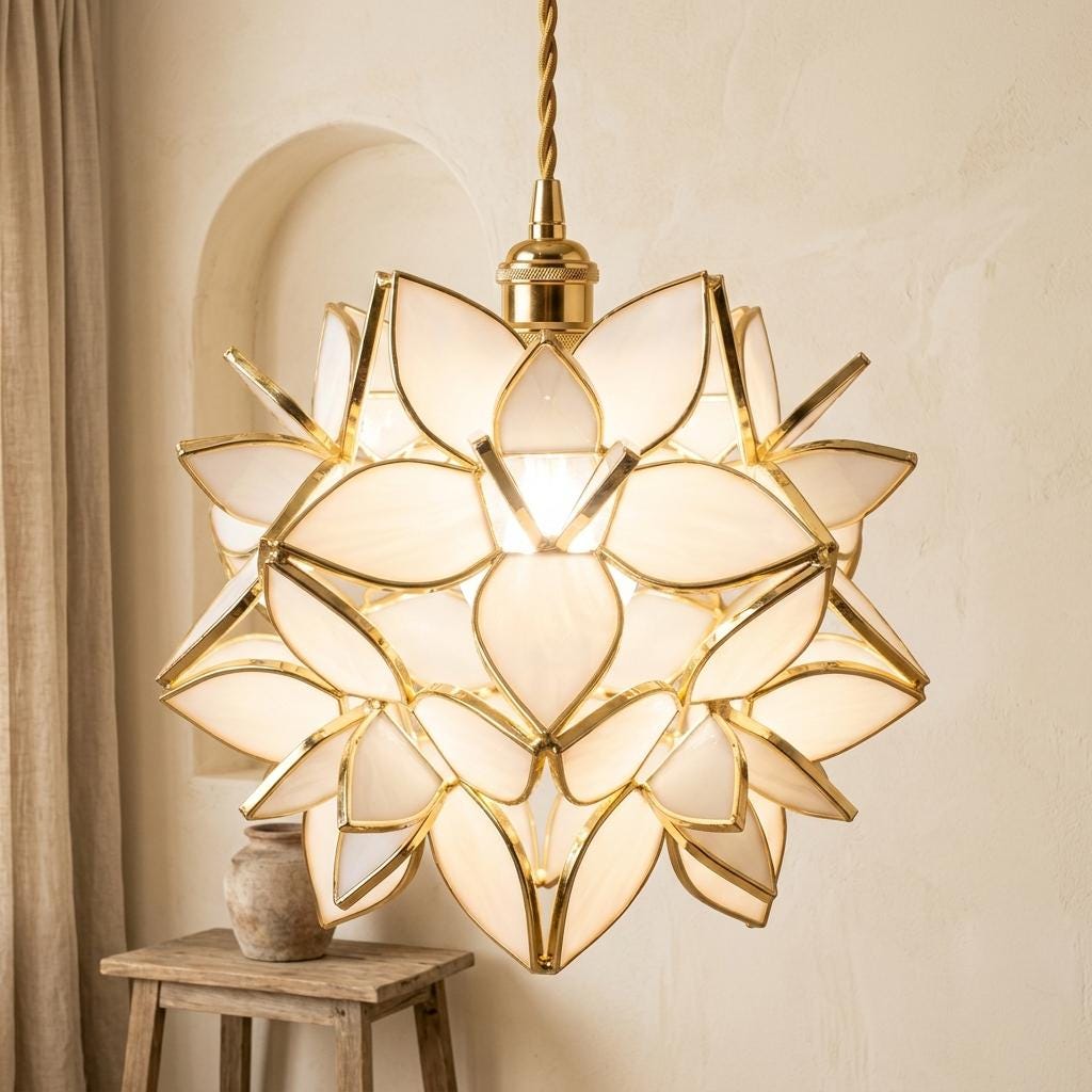 Cream Pointed-Petal Pendant Light, Radiating Flower Form, Handmade - view 6