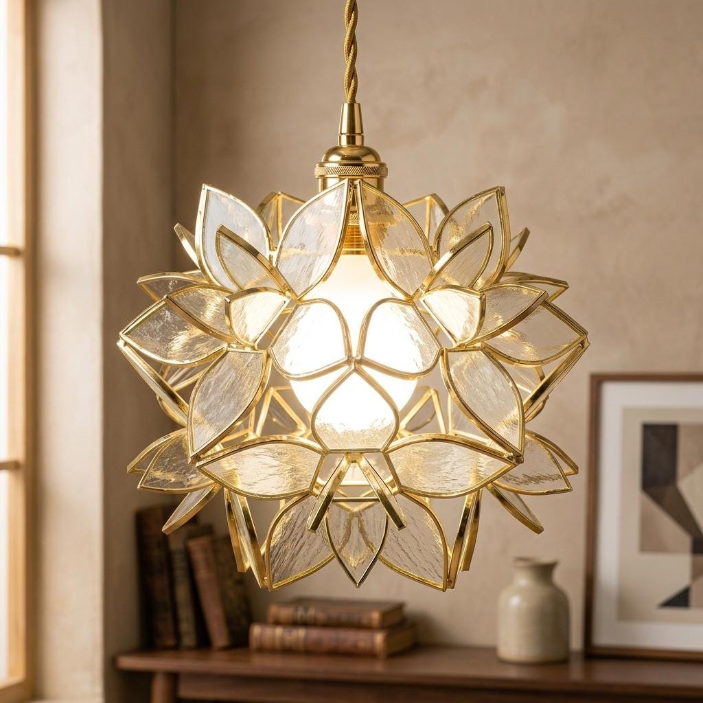 Clear-Look Pointed-Petal Pendant Light, Open Flower Form, Handmade - view 9