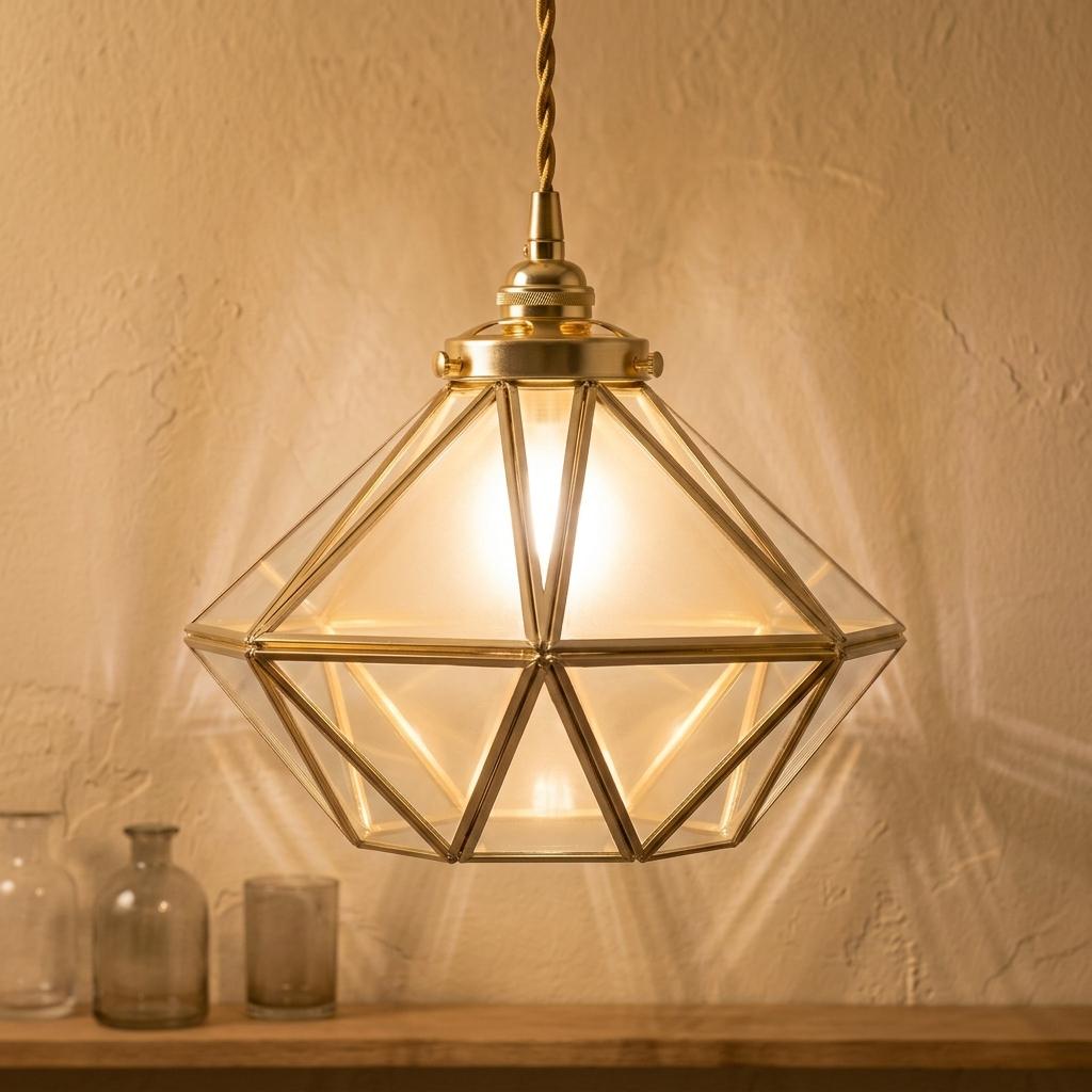 Clear-Look Geometric Diamond Tiffany-Inspired Pendant Light, Gold-Tone Frame, Handmade - view 10