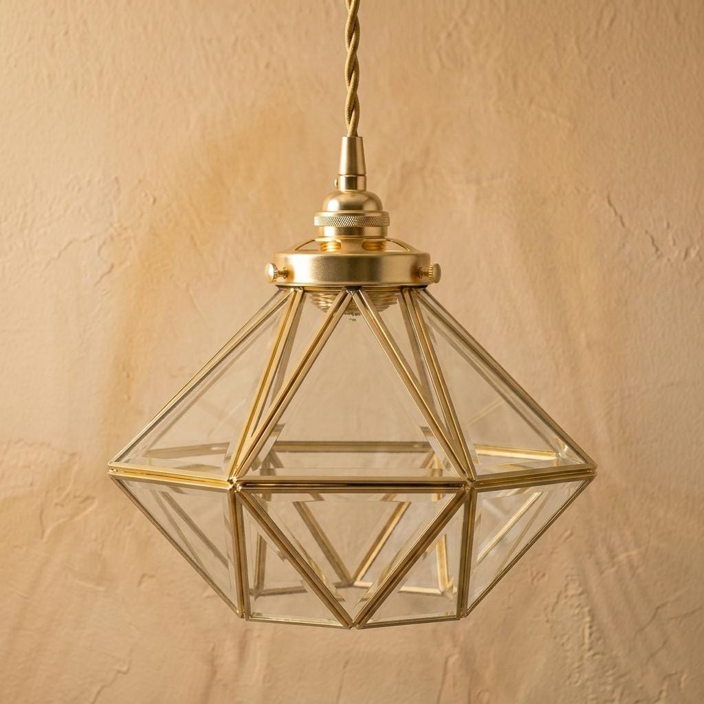 Clear-Look Geometric Diamond Tiffany-Inspired Pendant Light, Gold-Tone Frame, Handmade - view 5