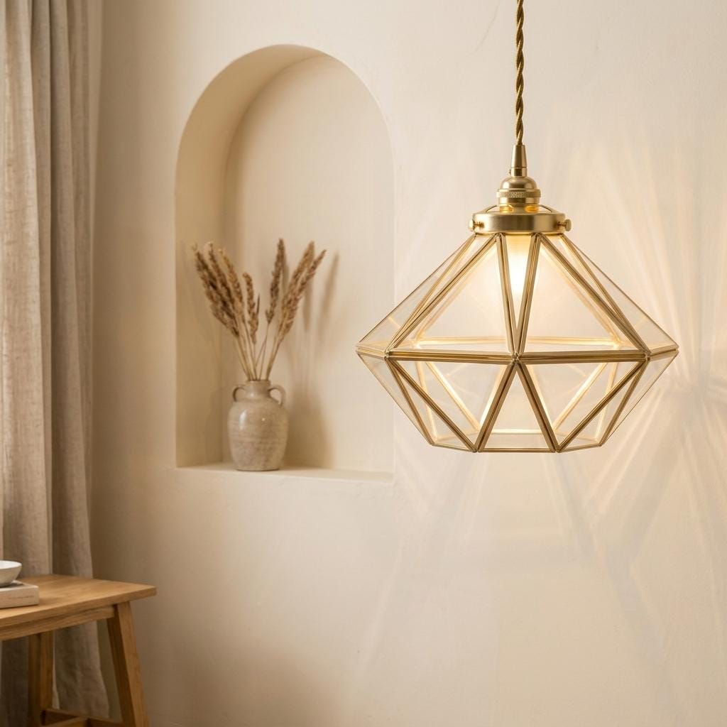 Clear-Look Geometric Diamond Tiffany-Inspired Pendant Light, Gold-Tone Frame, Handmade - view 6