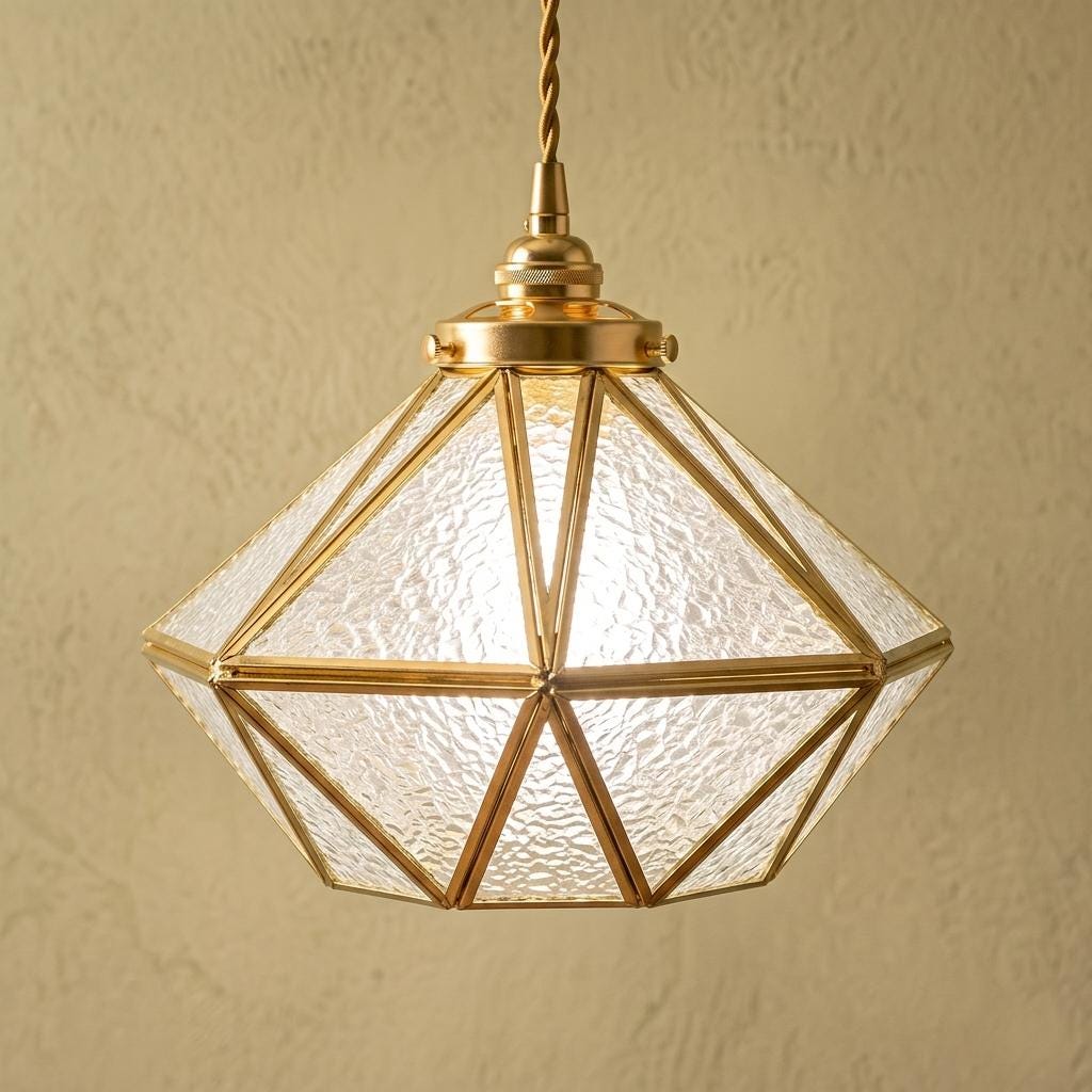 Clear-Look Wide Diamond Tiffany-Inspired Pendant Light, Textured-Look Panels, Handmade by AuroraeGlass