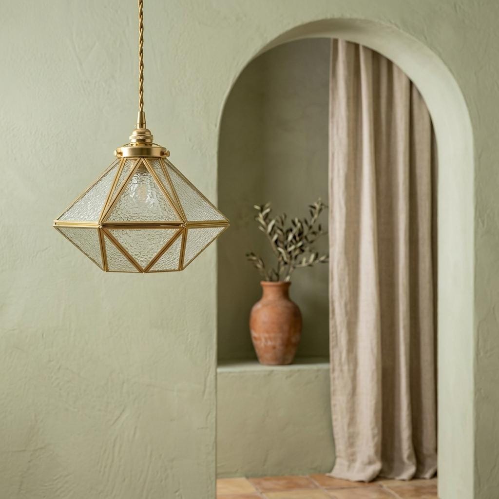 Clear-Look Wide Diamond Tiffany-Inspired Pendant Light, Textured-Look Panels, Handmade - view 7