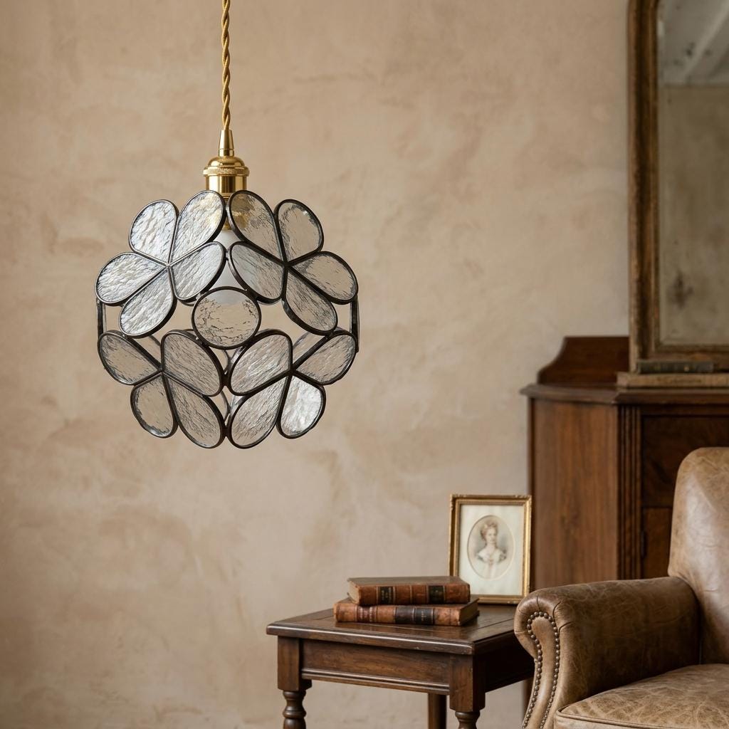 Clear-Look Rounded Petal Tiffany-Inspired Pendant Light, Dark Frame, Handmade - view 9