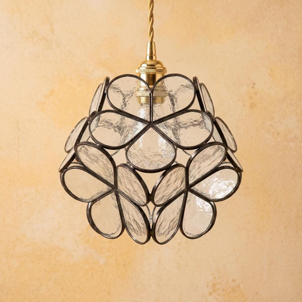Clear-Look Rounded Petal Tiffany-Inspired Pendant Light, Dark Frame, Handmade - view 5