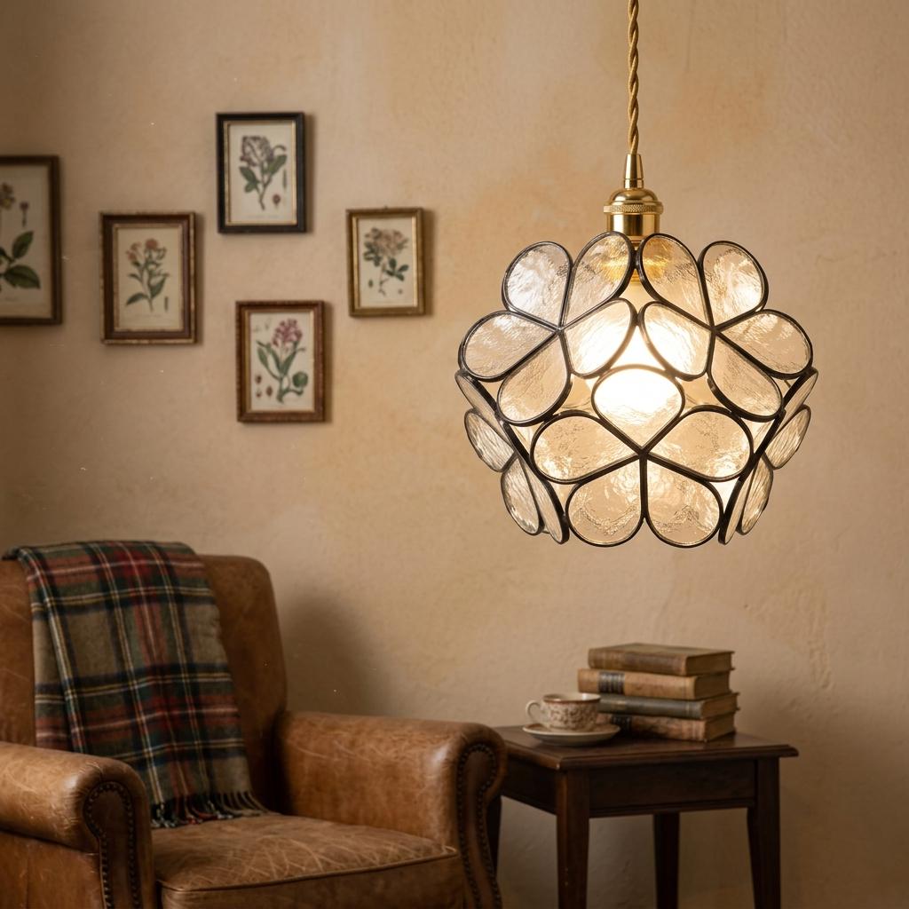 Clear-Look Rounded Petal Tiffany-Inspired Pendant Light, Dark Frame, Handmade - view 8