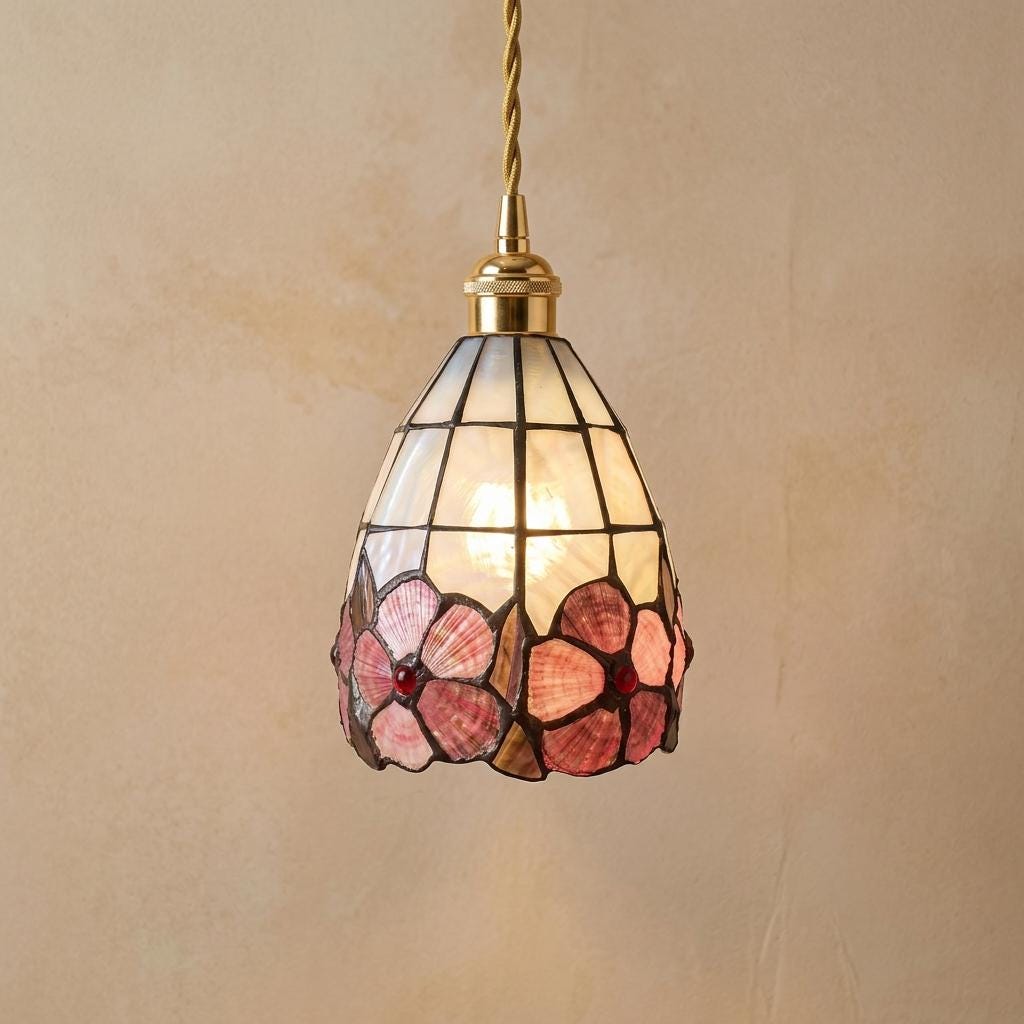 Pink Floral Tiffany-Inspired Pendant Light, Scalloped Bell with Pearl-Look Panels, Handmade by AuroraeGlass