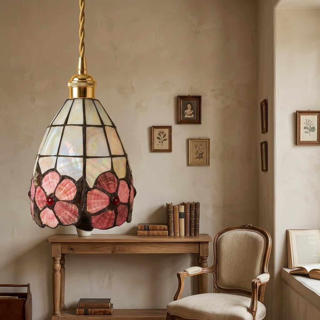 Pink Floral Tiffany-Inspired Pendant Light, Scalloped Bell with Pearl-Look Panels, Handmade - view 9