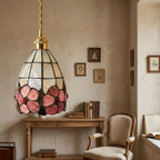 Pink Floral Tiffany-Inspired Pendant Light, Scalloped Bell with Pearl-Look Panels, Handmade - view 9
