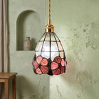 Pink Floral Tiffany-Inspired Pendant Light, Scalloped Bell with Pearl-Look Panels, Handmade - view 6