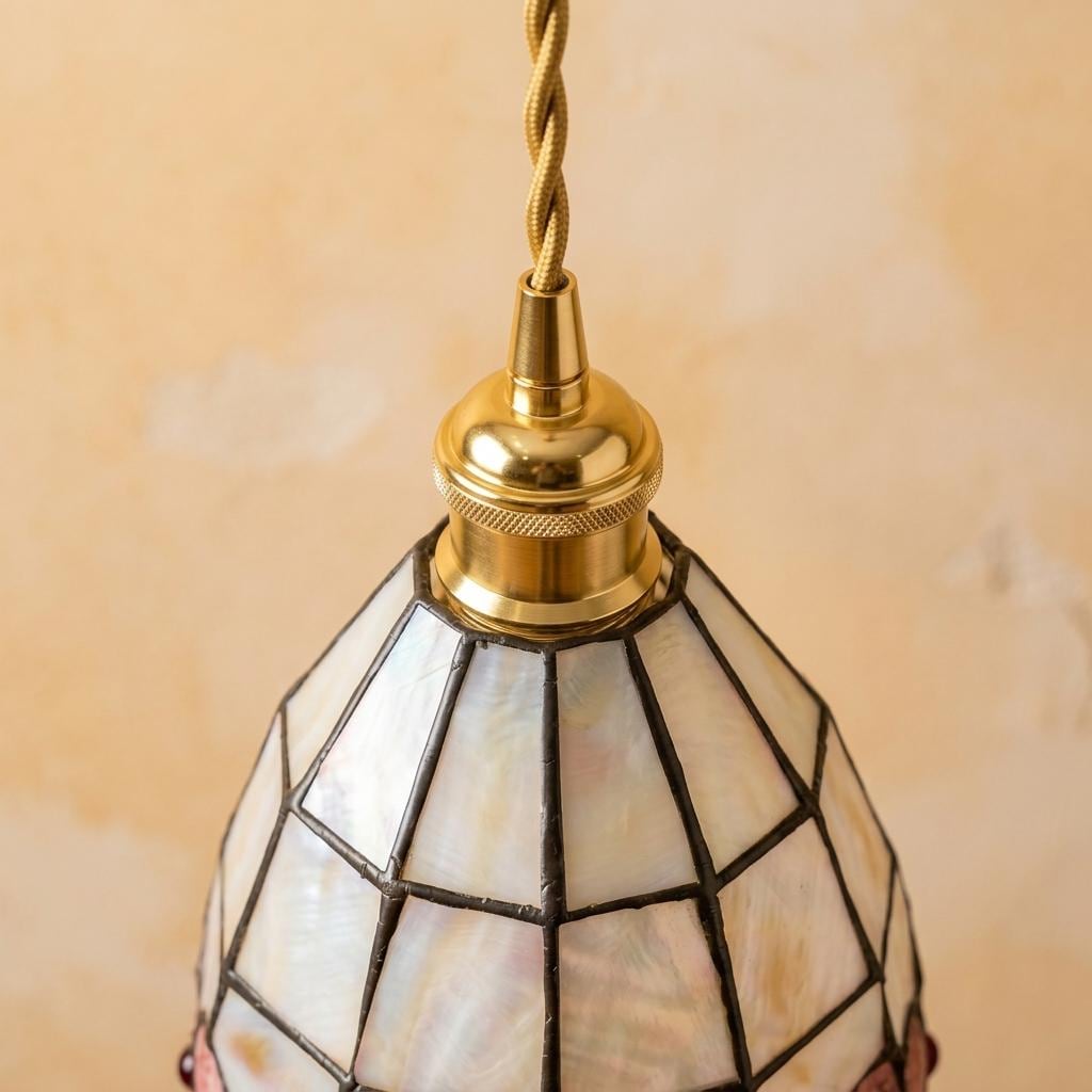 Pink Floral Tiffany-Inspired Pendant Light, Scalloped Bell with Pearl-Look Panels, Handmade - view 4