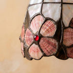 Pink Floral Tiffany-Inspired Pendant Light, Scalloped Bell with Pearl-Look Panels, Handmade - view 2