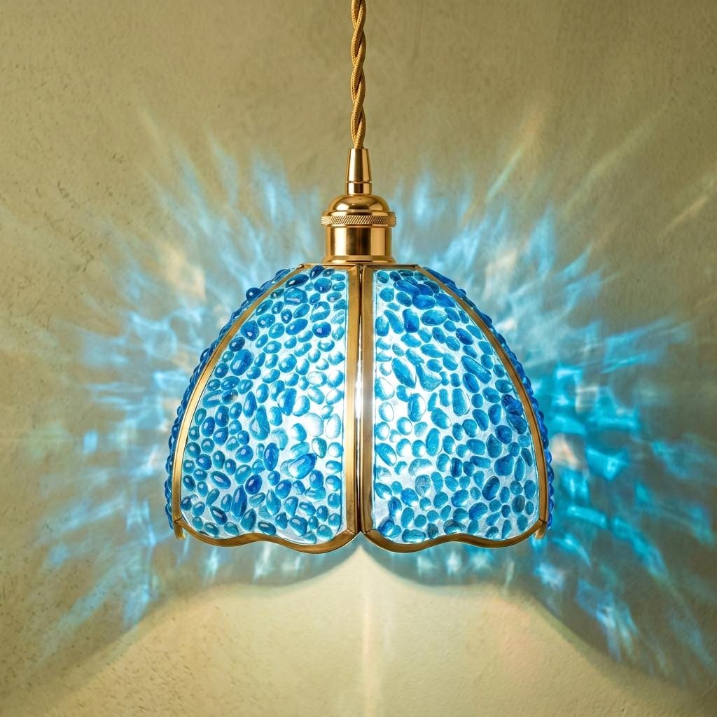 Blue Droplet-Pattern Tiffany-Inspired Pendant Light, Scalloped Bell, Handmade by AuroraeGlass