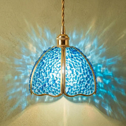 Blue Droplet-Pattern Tiffany-Inspired Pendant Light, Scalloped Bell, Handmade by AuroraeGlass