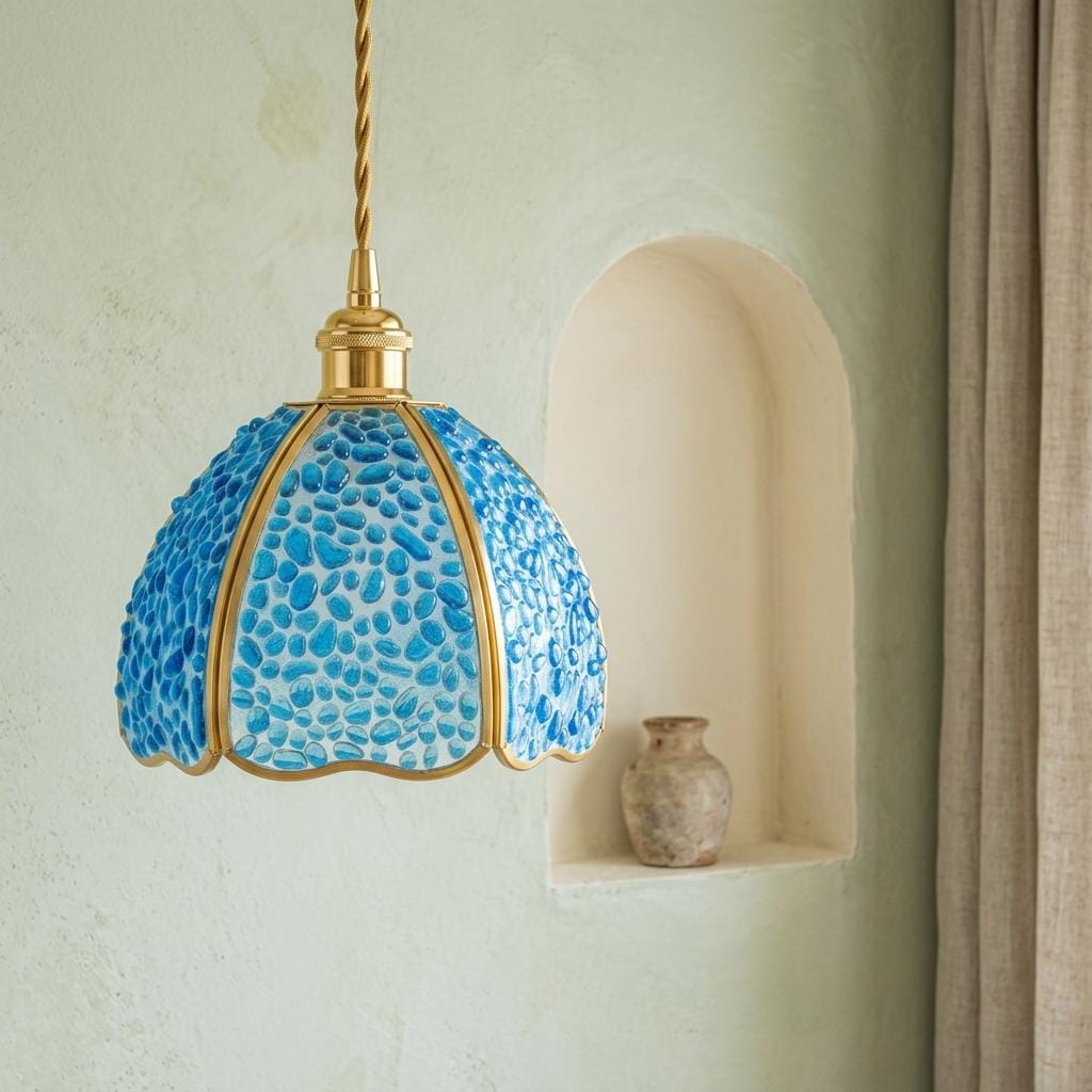 Blue Droplet-Pattern Tiffany-Inspired Pendant Light, Scalloped Bell, Handmade - view 7