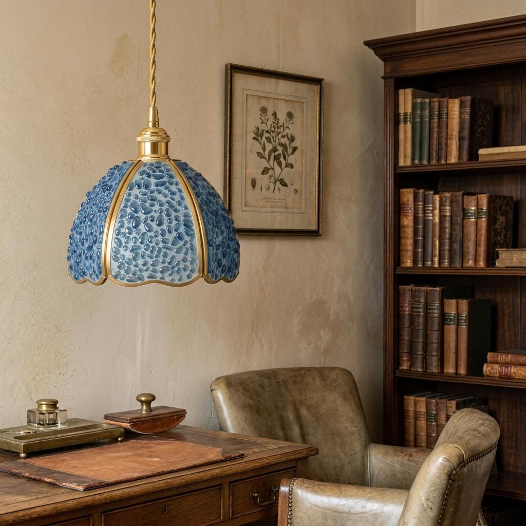 Blue Droplet-Pattern Tiffany-Inspired Pendant Light, Scalloped Bell, Handmade - view 9