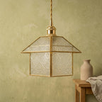 Handmade House-Shaped Pendant Light with Clear Patterned Panels and Gold-Tone Frame - view 7