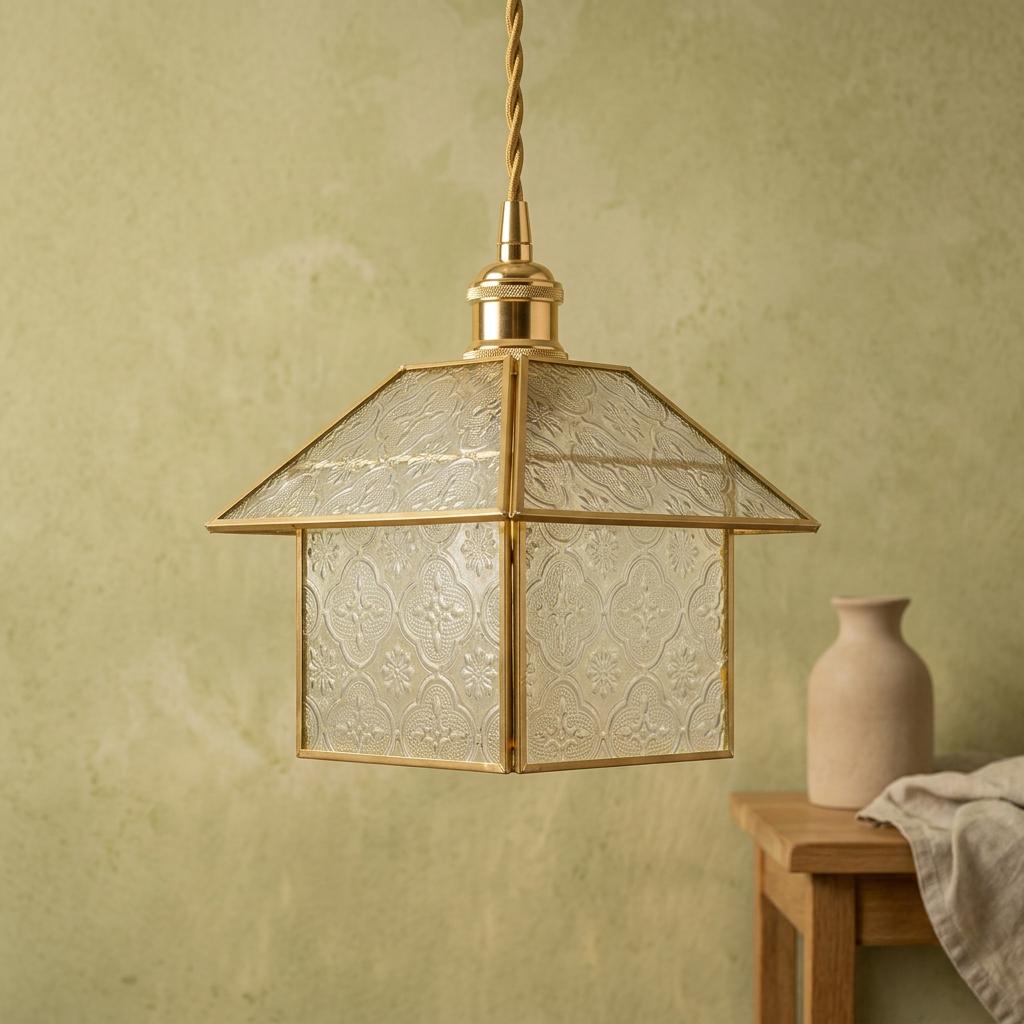 Handmade House-Shaped Pendant Light with Clear Patterned Panels and Gold-Tone Frame - view 7