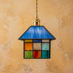 Handmade Blue-Roof House Tiffany-Inspired Pendant Light with Multicolor Geometric Panels - view 5