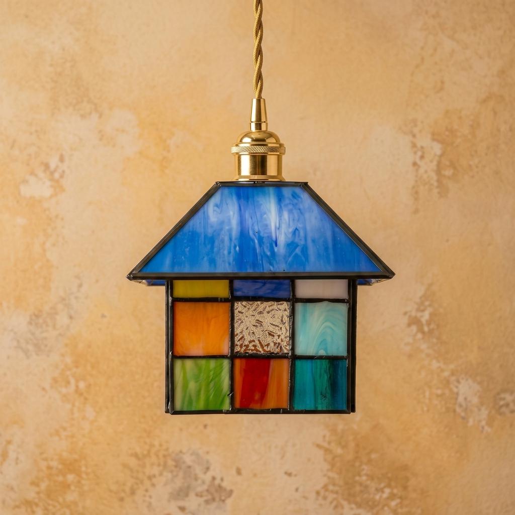 Handmade Blue-Roof House Tiffany-Inspired Pendant Light with Multicolor Geometric Panels - view 5