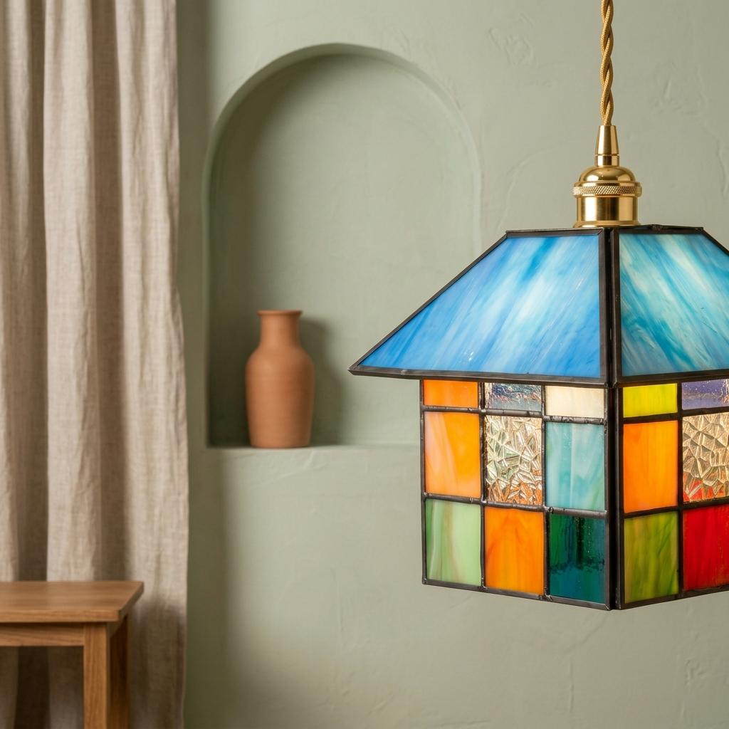 Handmade Blue-Roof House Tiffany-Inspired Pendant Light with Multicolor Geometric Panels - view 6
