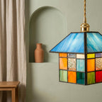 Handmade Blue-Roof House Tiffany-Inspired Pendant Light with Multicolor Geometric Panels - view 6