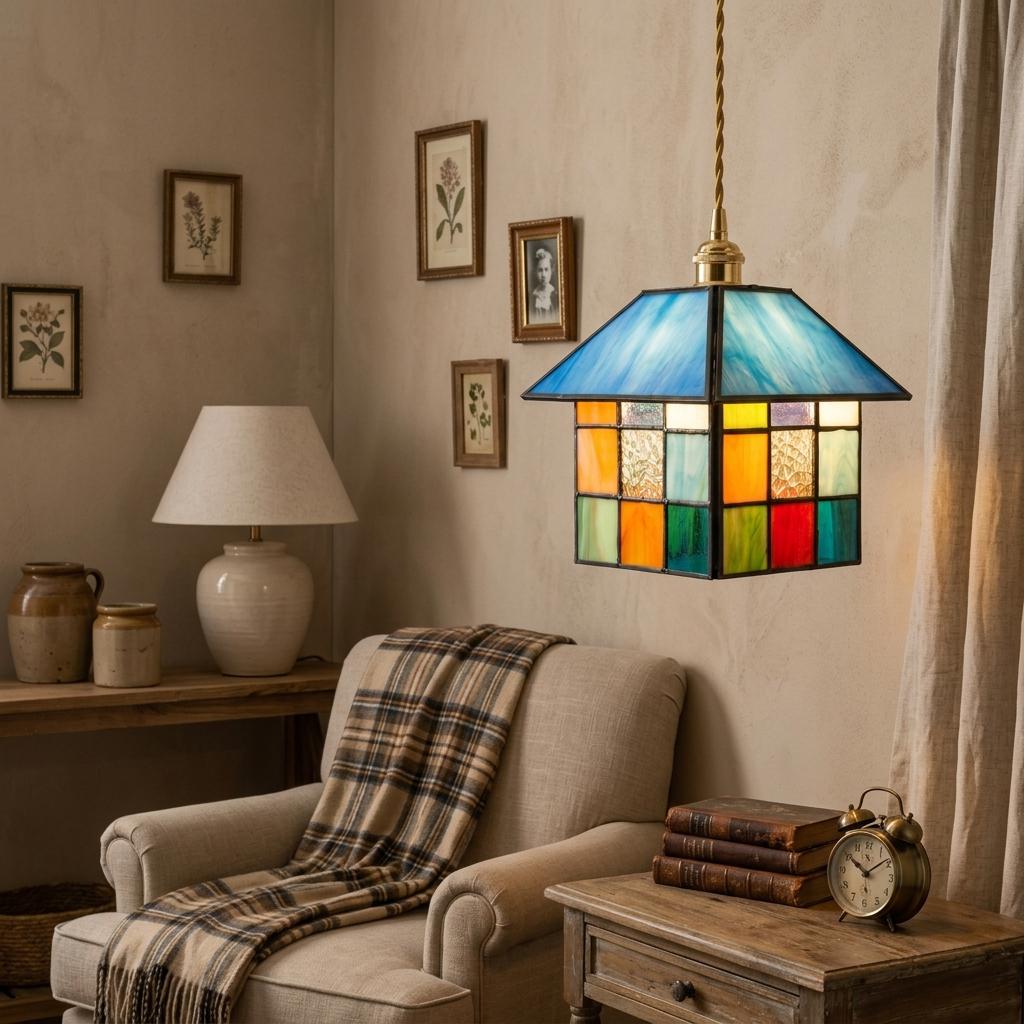 Handmade Blue-Roof House Tiffany-Inspired Pendant Light with Multicolor Geometric Panels - view 8
