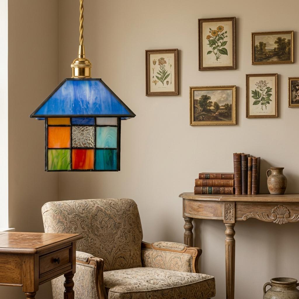 Handmade Blue-Roof House Tiffany-Inspired Pendant Light with Multicolor Geometric Panels - view 9