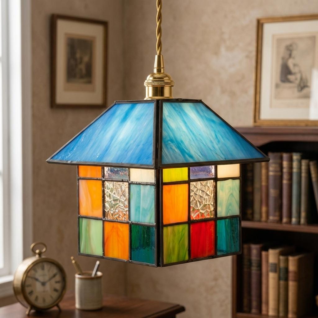 Handmade Blue-Roof House Tiffany-Inspired Pendant Light with Multicolor Geometric Panels - view 10